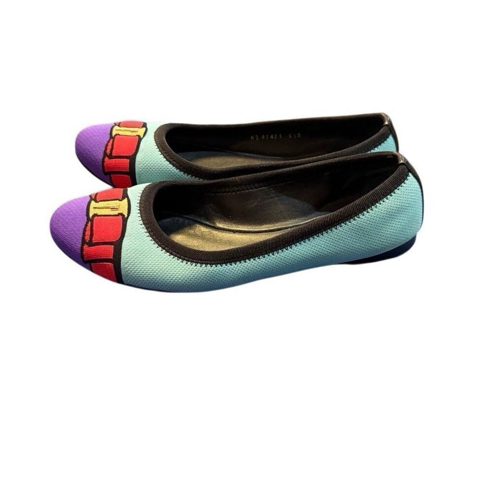 Salvatore Ferragamo Vara Varina Ballet Flats Size 6.5 Knit Aqua Purple Logo